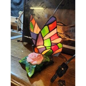 Vintage Tiffany Style Stained Glass Butterfly On Blooming Rose Table Lamp, Works